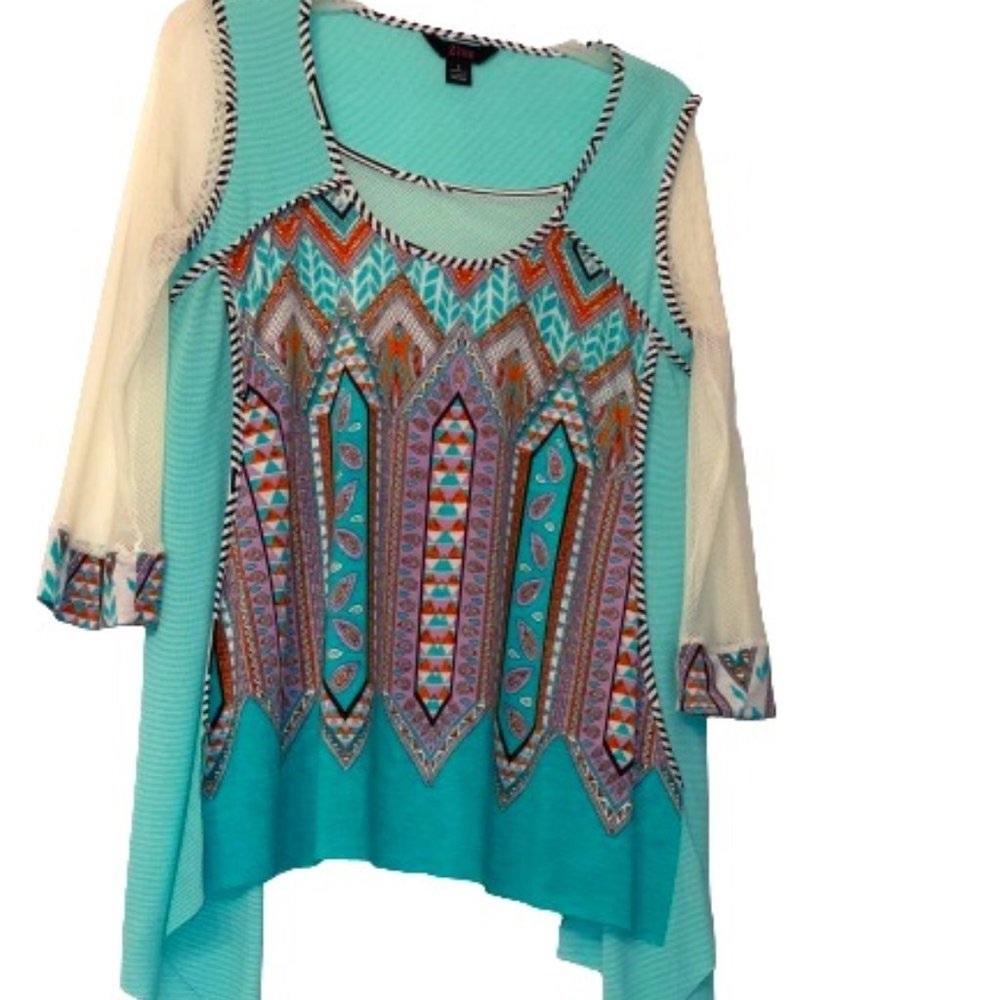 Zion Turquoise Geometric Print Mesh Sleeves Handkerchief Style Hem Blouse Size L
